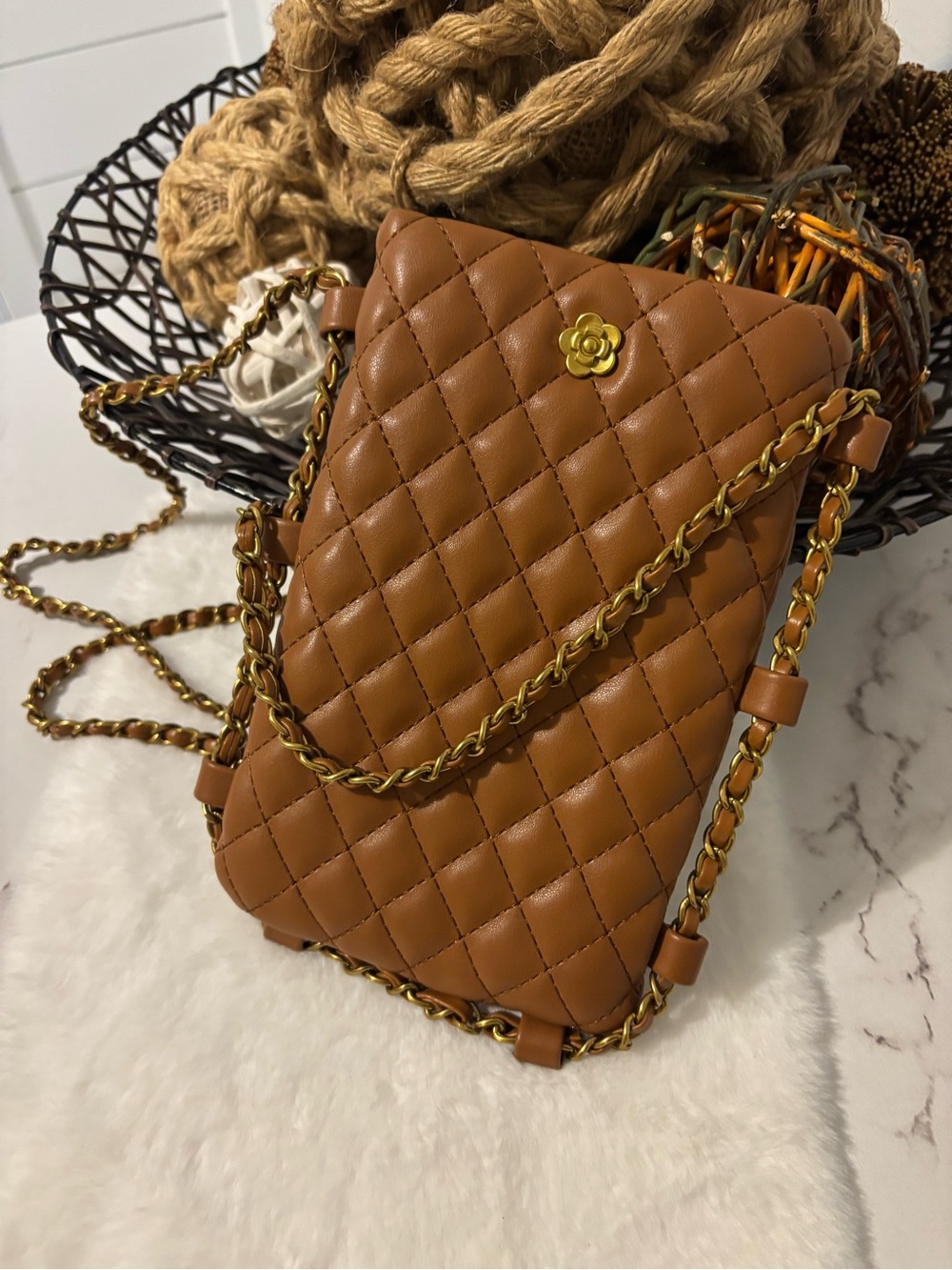 Montana West Quilted Tan Crossbody with Gold Chain Detail